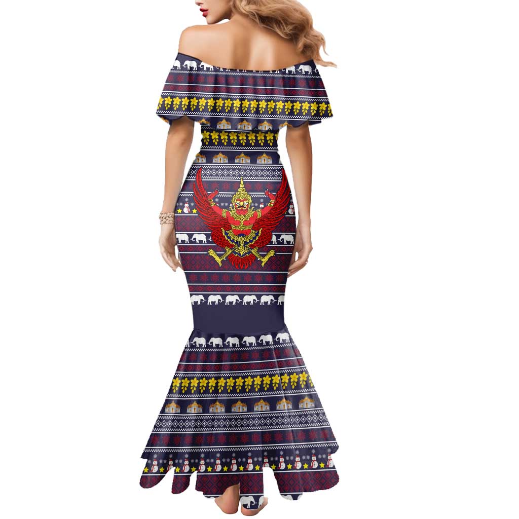 Thailand Christmas Mermaid Dress with Yellow Flower Tree Garuda Emblem and Elephant Holiday - Wonder Print Shop