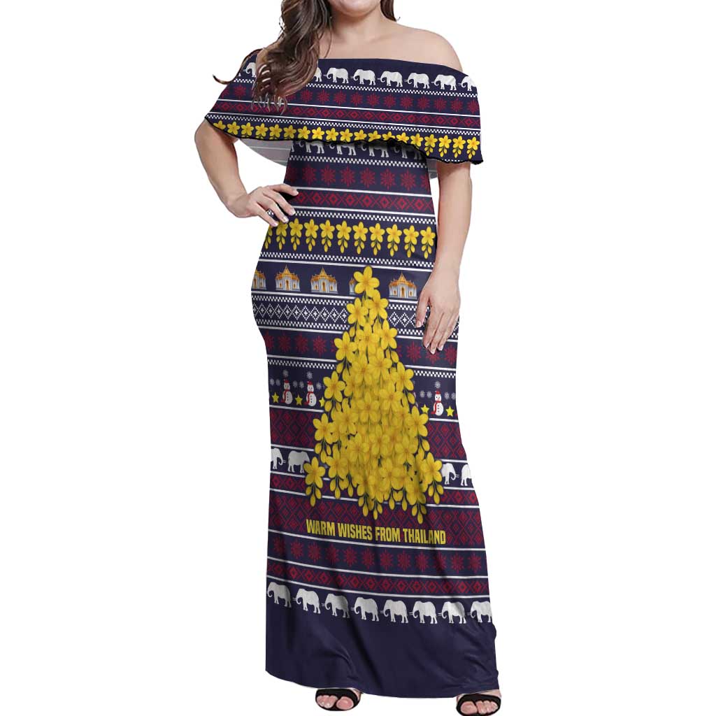 Thailand Christmas Off Shoulder Maxi Dress with Yellow Flower Tree Garuda Emblem and Elephant Holiday - Wonder Print Shop
