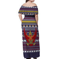 Thailand Christmas Off Shoulder Maxi Dress with Yellow Flower Tree Garuda Emblem and Elephant Holiday - Wonder Print Shop
