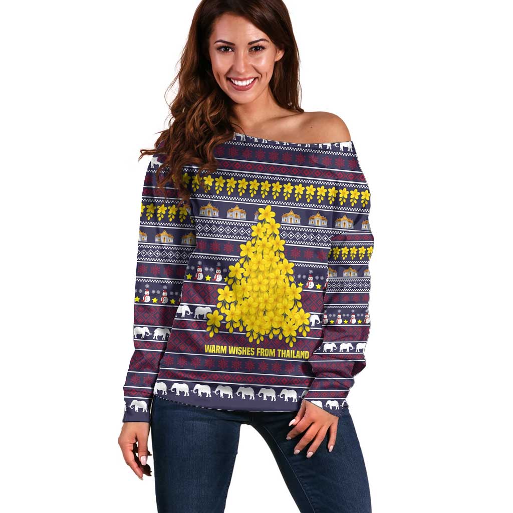 Thailand Christmas Off Shoulder Sweater with Yellow Flower Tree Garuda Emblem and Elephant Holiday - Wonder Print Shop
