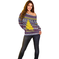 Thailand Christmas Off Shoulder Sweater with Yellow Flower Tree Garuda Emblem and Elephant Holiday - Wonder Print Shop