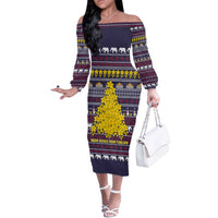 Thailand Christmas Off The Shoulder Long Sleeve Dress with Yellow Flower Tree Garuda Emblem and Elephant Holiday - Wonder Print Shop