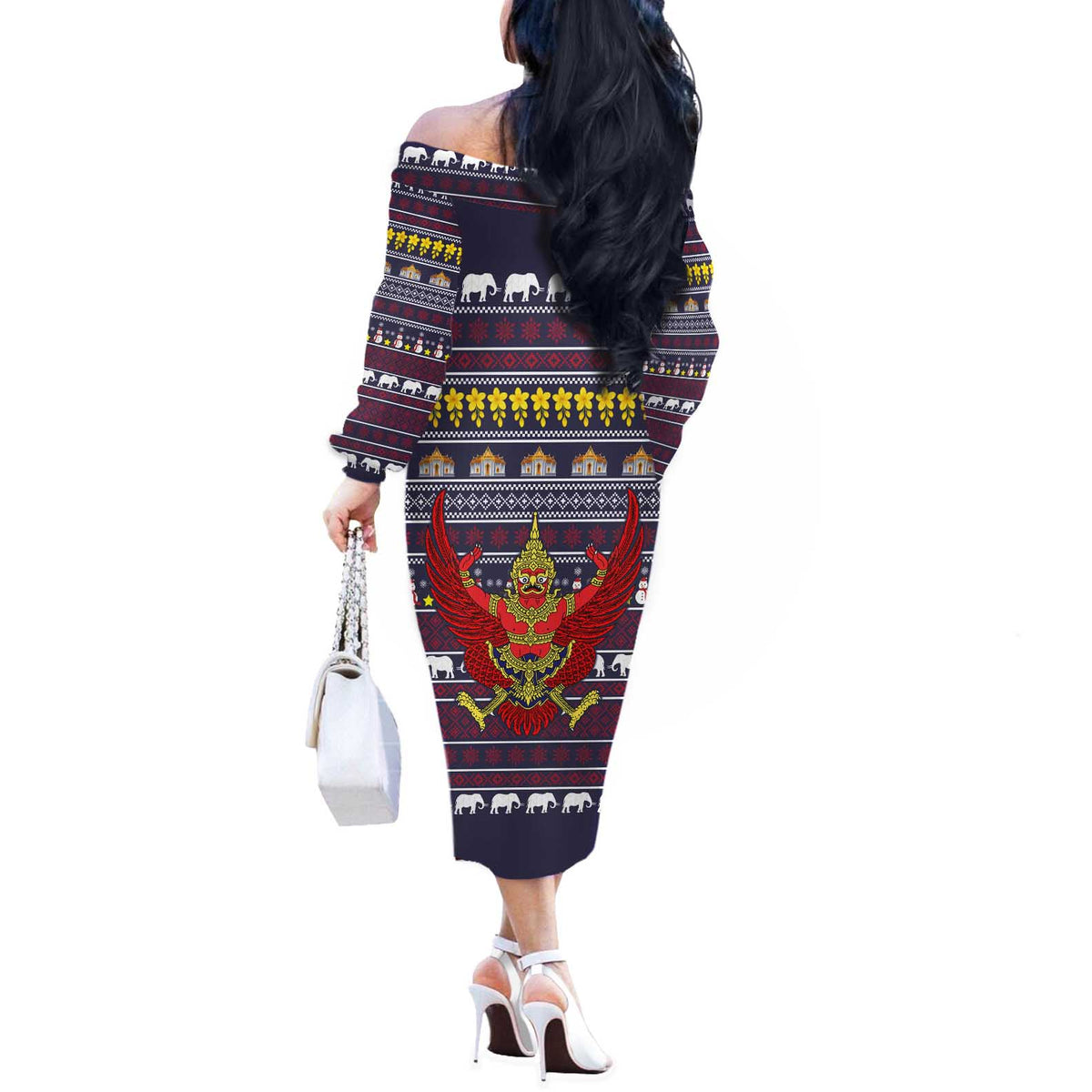 Thailand Christmas Off The Shoulder Long Sleeve Dress with Yellow Flower Tree Garuda Emblem and Elephant Holiday - Wonder Print Shop