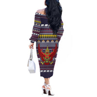 Thailand Christmas Off The Shoulder Long Sleeve Dress with Yellow Flower Tree Garuda Emblem and Elephant Holiday - Wonder Print Shop