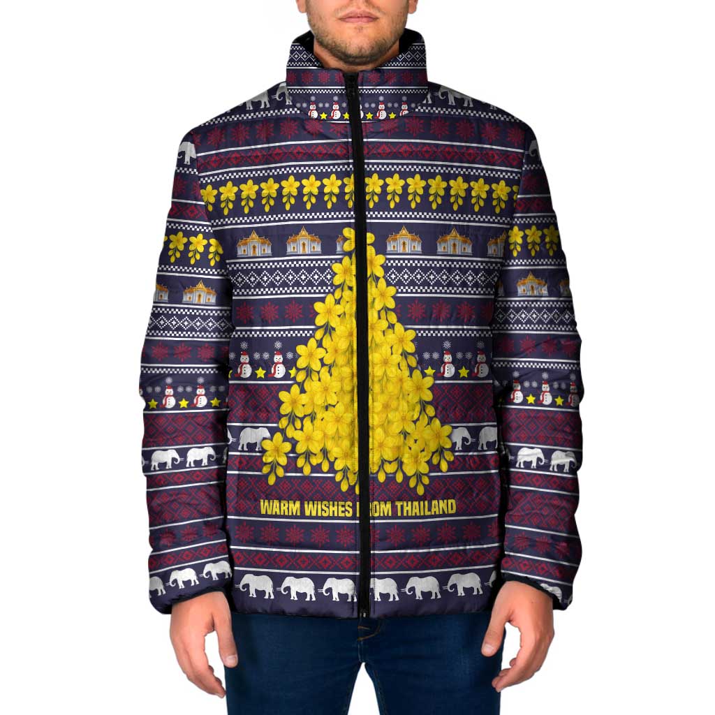 Thailand Christmas Padded Jacket with Yellow Flower Tree Garuda Emblem and Elephant Holiday - Wonder Print Shop