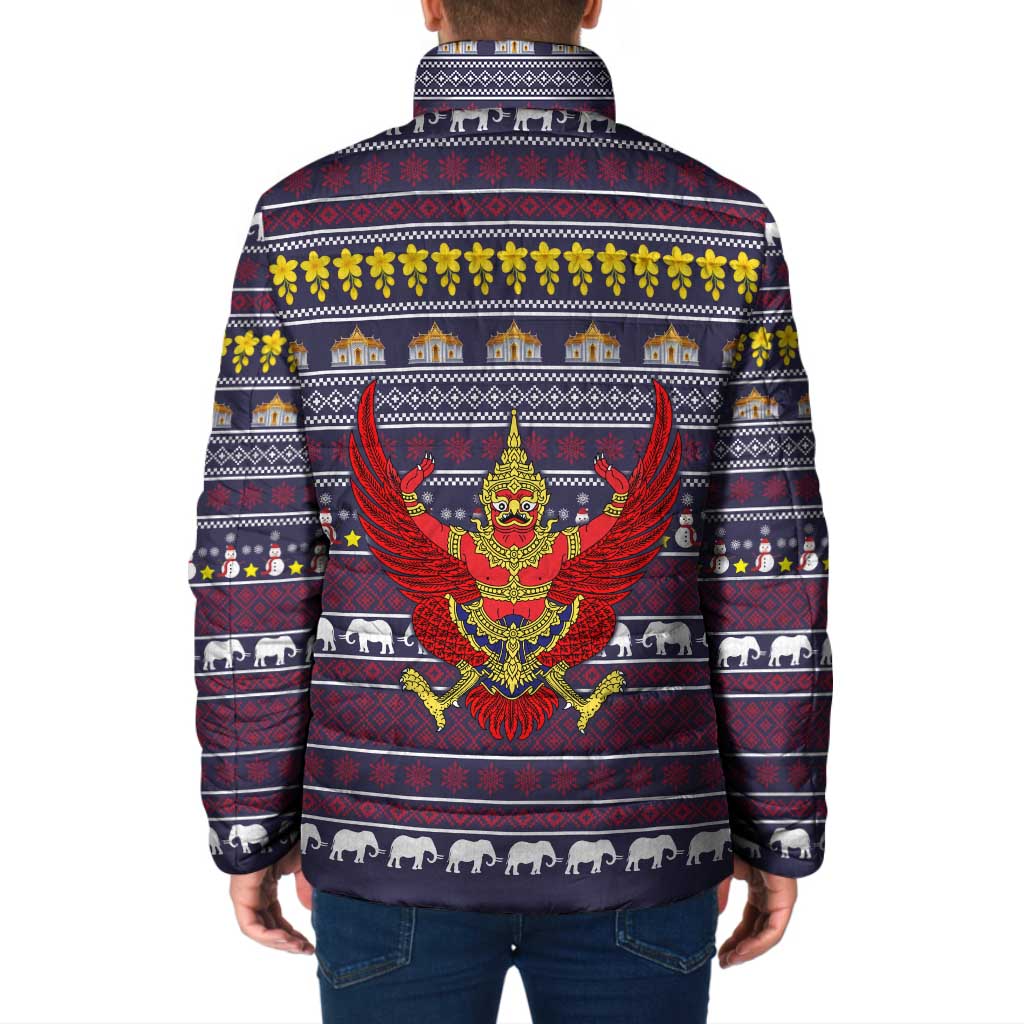 Thailand Christmas Padded Jacket with Yellow Flower Tree Garuda Emblem and Elephant Holiday - Wonder Print Shop