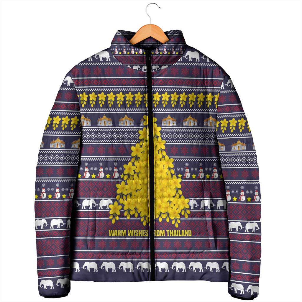 Thailand Christmas Padded Jacket with Yellow Flower Tree Garuda Emblem and Elephant Holiday - Wonder Print Shop