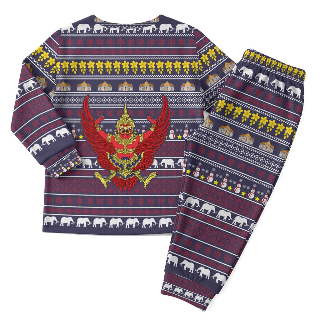 Thailand Christmas Pajama Set with Yellow Flower Tree Garuda Emblem and Elephant Holiday - Wonder Print Shop