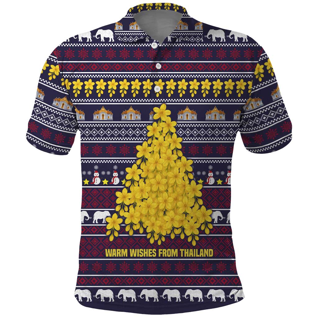Thailand Christmas Polo Shirt with Yellow Flower Tree Garuda Emblem and Elephant Holiday - Wonder Print Shop