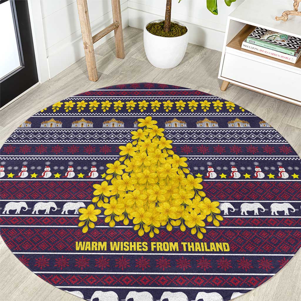 Thailand Christmas Round Carpet with Yellow Flower Tree Garuda Emblem and Elephant Holiday - Wonder Print Shop