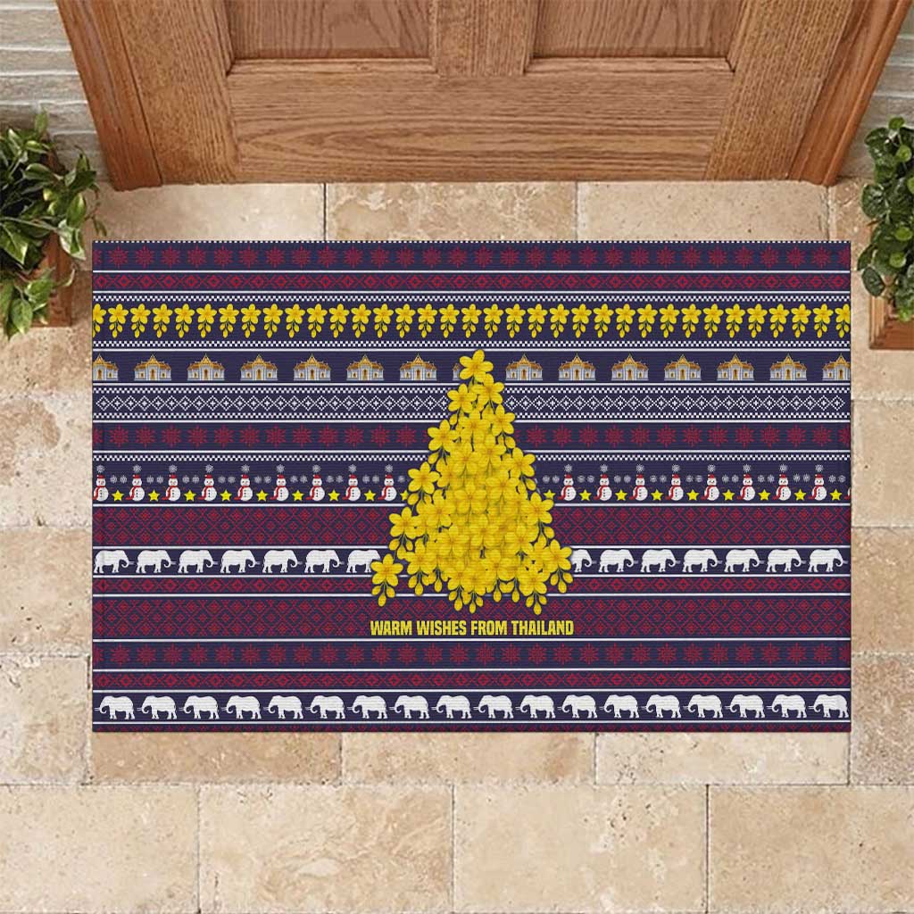 Thailand Christmas Rubber Doormat with Yellow Flower Tree Garuda Emblem and Elephant Holiday - Wonder Print Shop