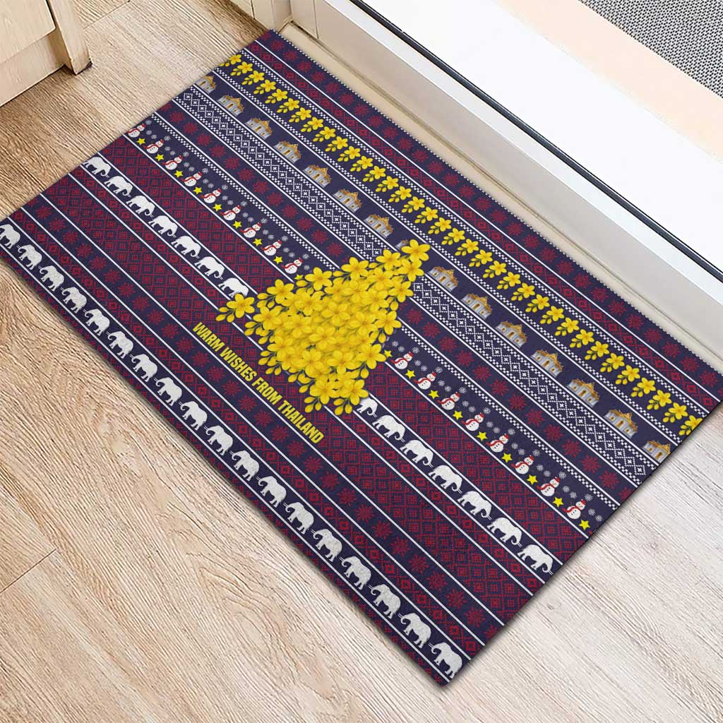 Thailand Christmas Rubber Doormat with Yellow Flower Tree Garuda Emblem and Elephant Holiday - Wonder Print Shop