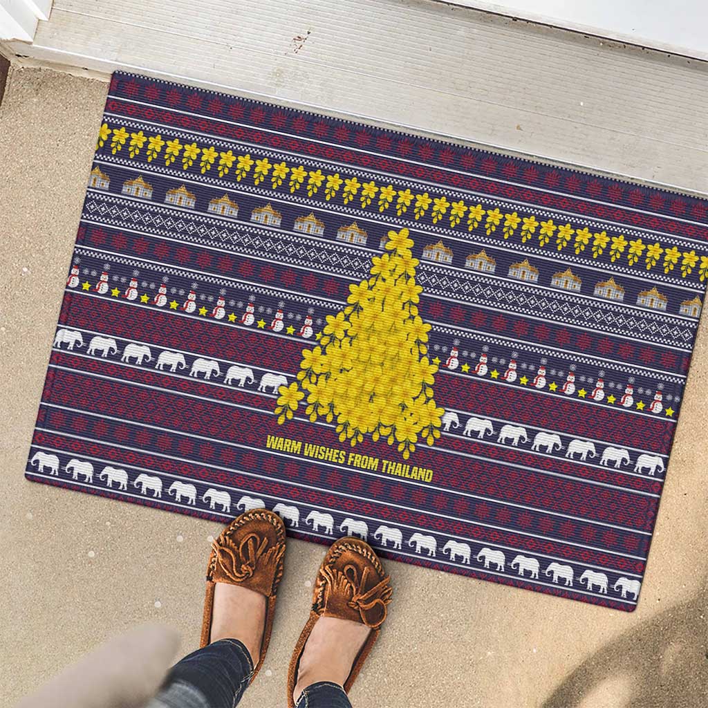 Thailand Christmas Rubber Doormat with Yellow Flower Tree Garuda Emblem and Elephant Holiday - Wonder Print Shop
