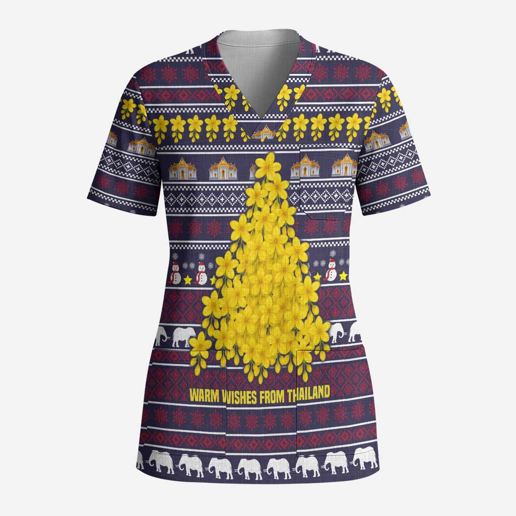 Thailand Christmas Scrub Top with Yellow Flower Tree Garuda Emblem and Elephant Holiday - Wonder Print Shop