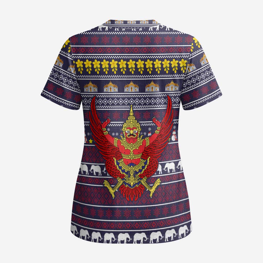 Thailand Christmas Scrub Top with Yellow Flower Tree Garuda Emblem and Elephant Holiday - Wonder Print Shop