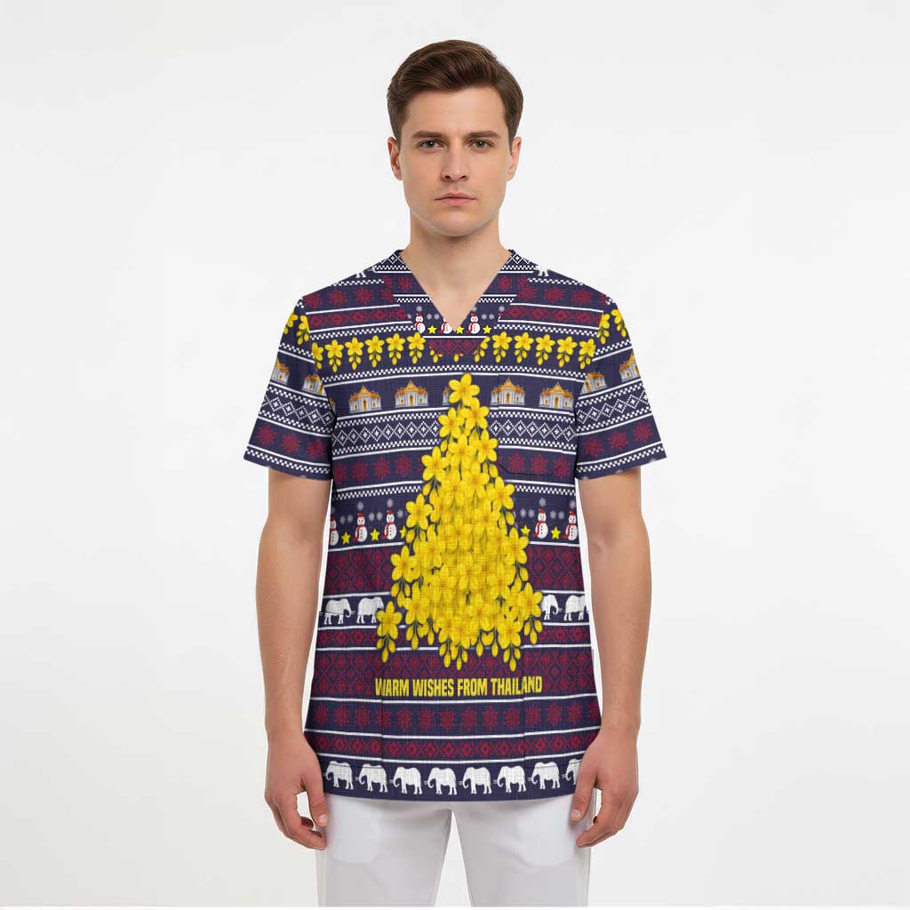 Thailand Christmas Scrub Top with Yellow Flower Tree Garuda Emblem and Elephant Holiday - Wonder Print Shop