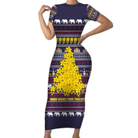 Thailand Christmas Short Sleeve Bodycon Dress with Yellow Flower Tree Garuda Emblem and Elephant Holiday - Wonder Print Shop
