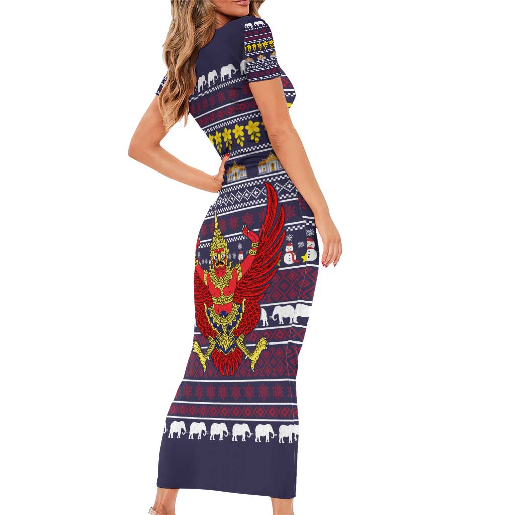 Thailand Christmas Short Sleeve Bodycon Dress with Yellow Flower Tree Garuda Emblem and Elephant Holiday - Wonder Print Shop