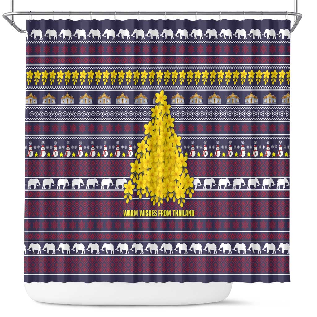 Thailand Christmas Shower Curtain with Yellow Flower Tree Garuda Emblem and Elephant Holiday - Wonder Print Shop