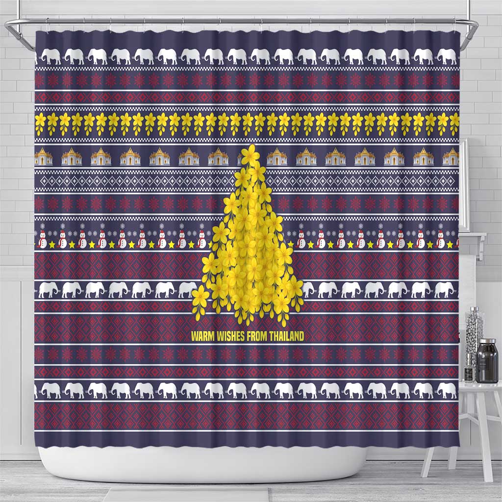 Thailand Christmas Shower Curtain with Yellow Flower Tree Garuda Emblem and Elephant Holiday - Wonder Print Shop