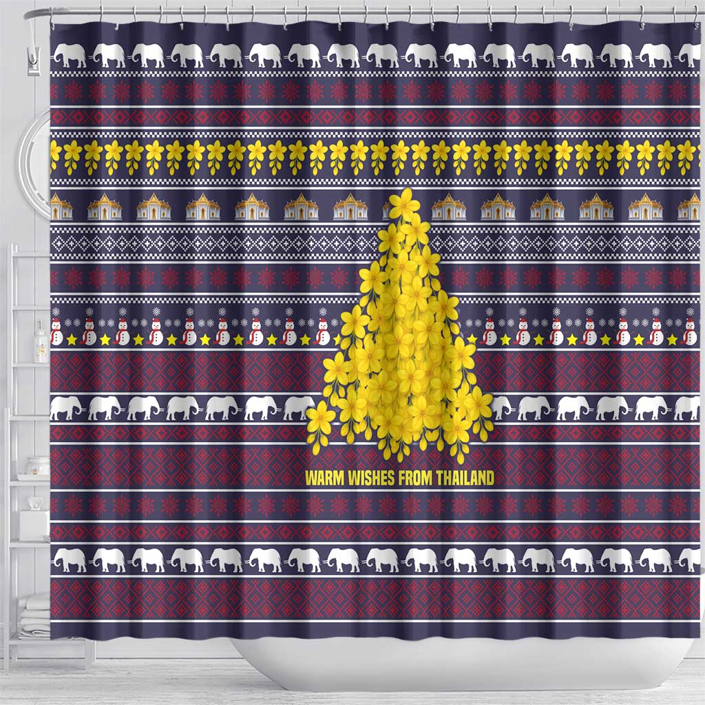 Thailand Christmas Shower Curtain with Yellow Flower Tree Garuda Emblem and Elephant Holiday - Wonder Print Shop
