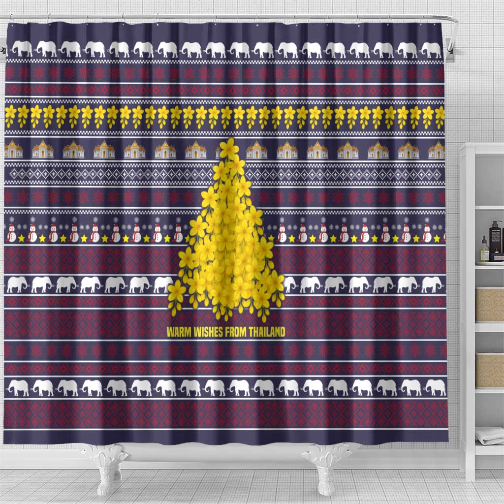 Thailand Christmas Shower Curtain with Yellow Flower Tree Garuda Emblem and Elephant Holiday - Wonder Print Shop