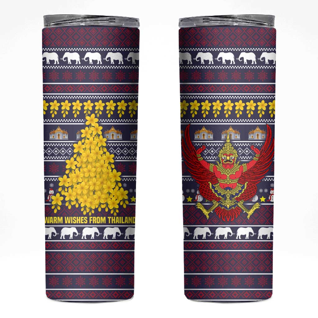 Thailand Christmas Skinny Tumbler with Yellow Flower Tree Garuda Emblem and Elephant Holiday - Wonder Print Shop