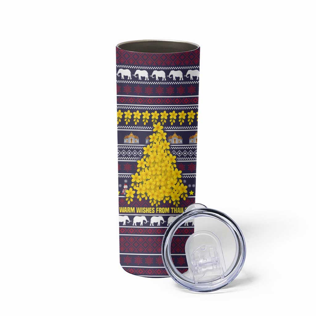 Thailand Christmas Skinny Tumbler with Yellow Flower Tree Garuda Emblem and Elephant Holiday - Wonder Print Shop