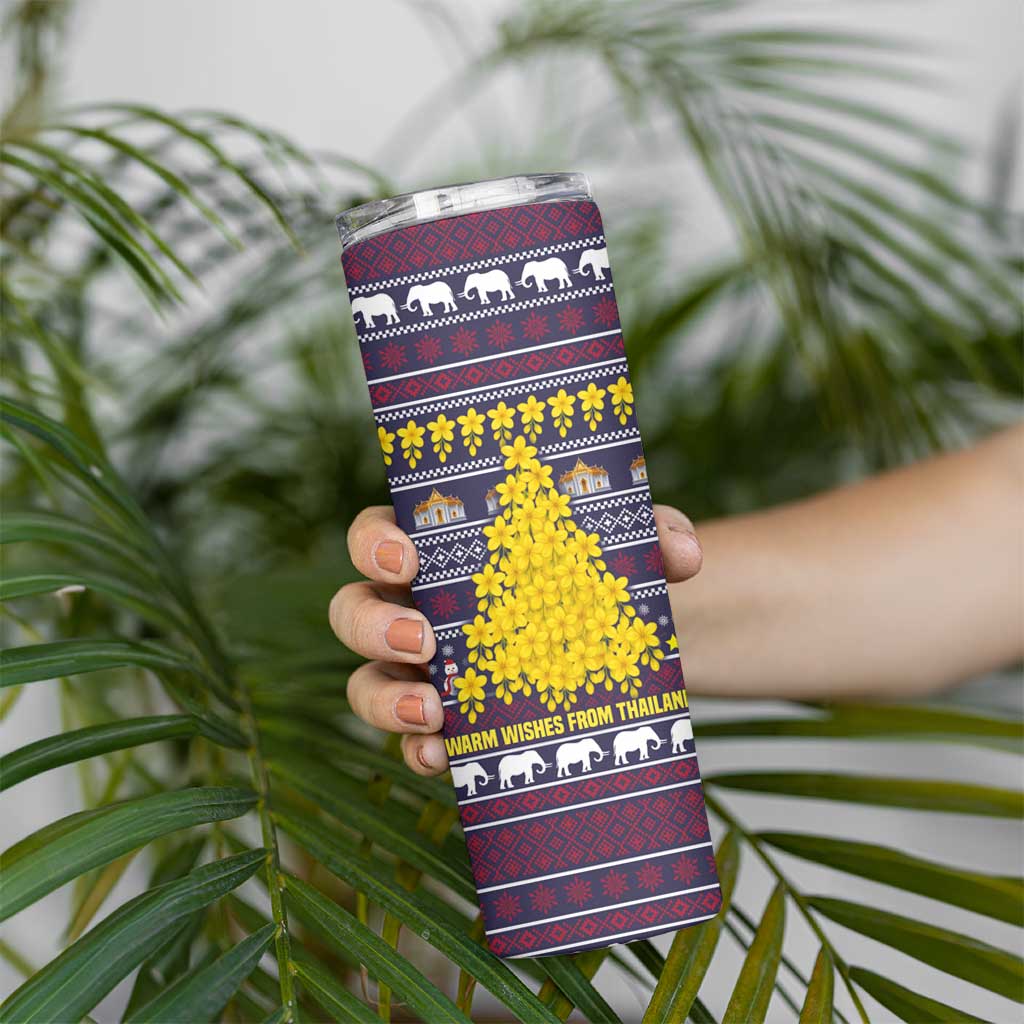 Thailand Christmas Skinny Tumbler with Yellow Flower Tree Garuda Emblem and Elephant Holiday - Wonder Print Shop