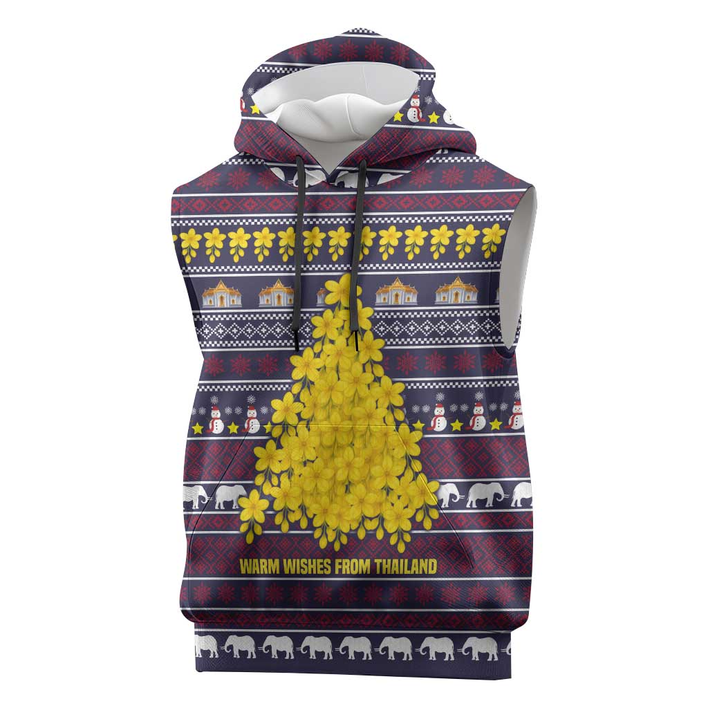 Thailand Christmas Sleeveless Hoodie with Yellow Flower Tree Garuda Emblem and Elephant Holiday - Wonder Print Shop