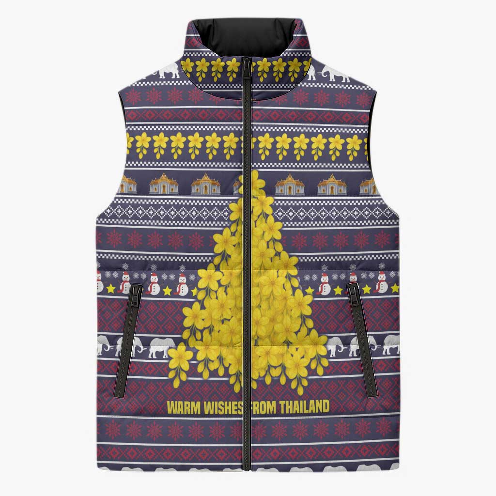 Thailand Christmas Sleeveless Puffer Jacket with Yellow Flower Tree Garuda Emblem and Elephant Holiday - Wonder Print Shop