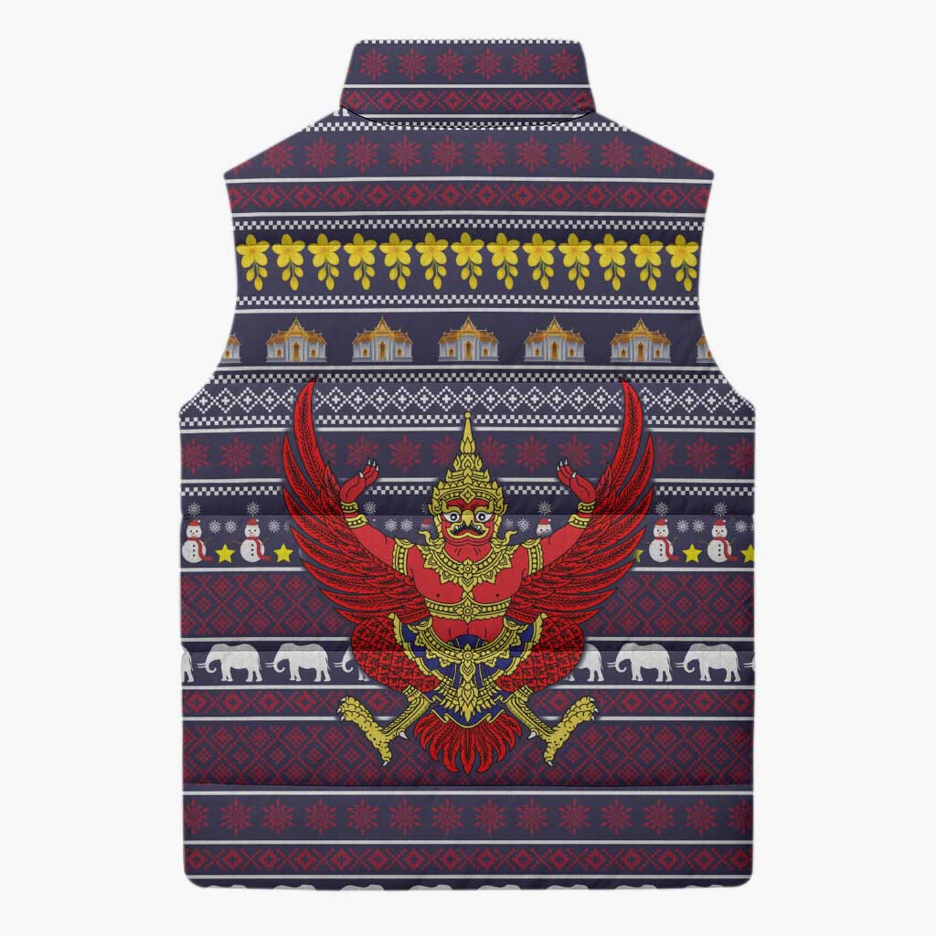 Thailand Christmas Sleeveless Puffer Jacket with Yellow Flower Tree Garuda Emblem and Elephant Holiday - Wonder Print Shop