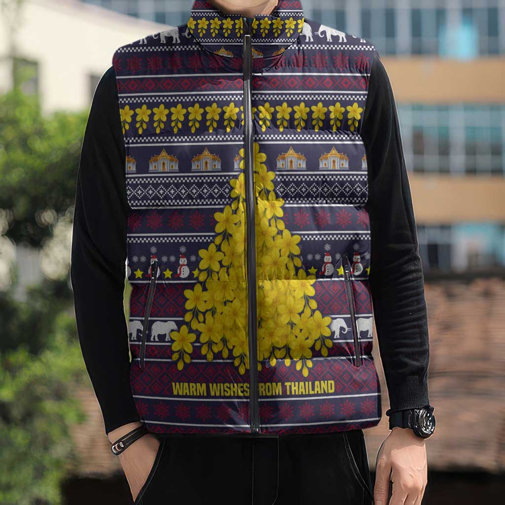 Thailand Christmas Sleeveless Puffer Jacket with Yellow Flower Tree Garuda Emblem and Elephant Holiday - Wonder Print Shop