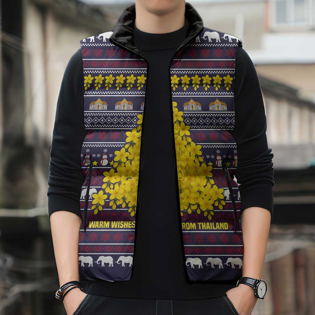 Thailand Christmas Sleeveless Puffer Jacket with Yellow Flower Tree Garuda Emblem and Elephant Holiday - Wonder Print Shop