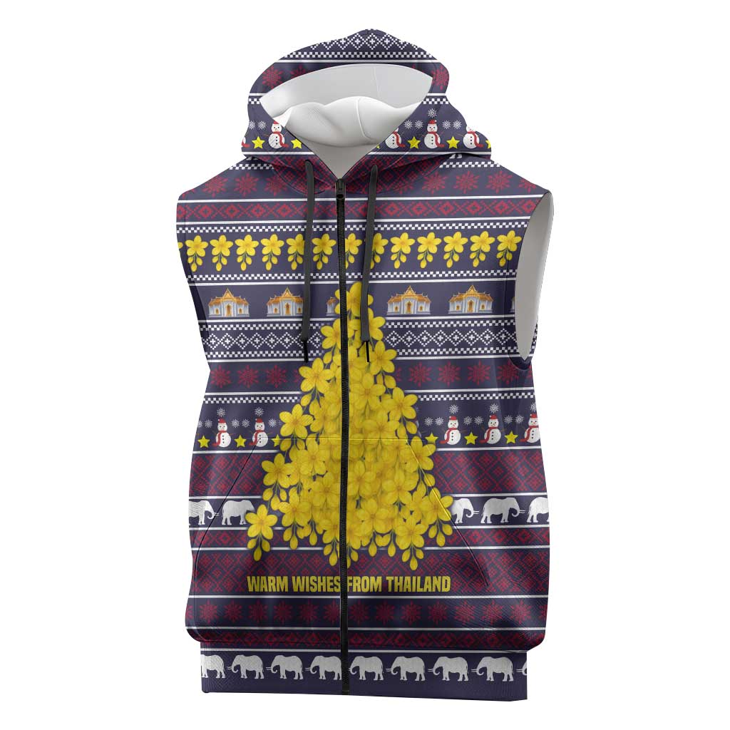 Thailand Christmas Sleeveless Zip Hoodie with Yellow Flower Tree Garuda Emblem and Elephant Holiday - Wonder Print Shop