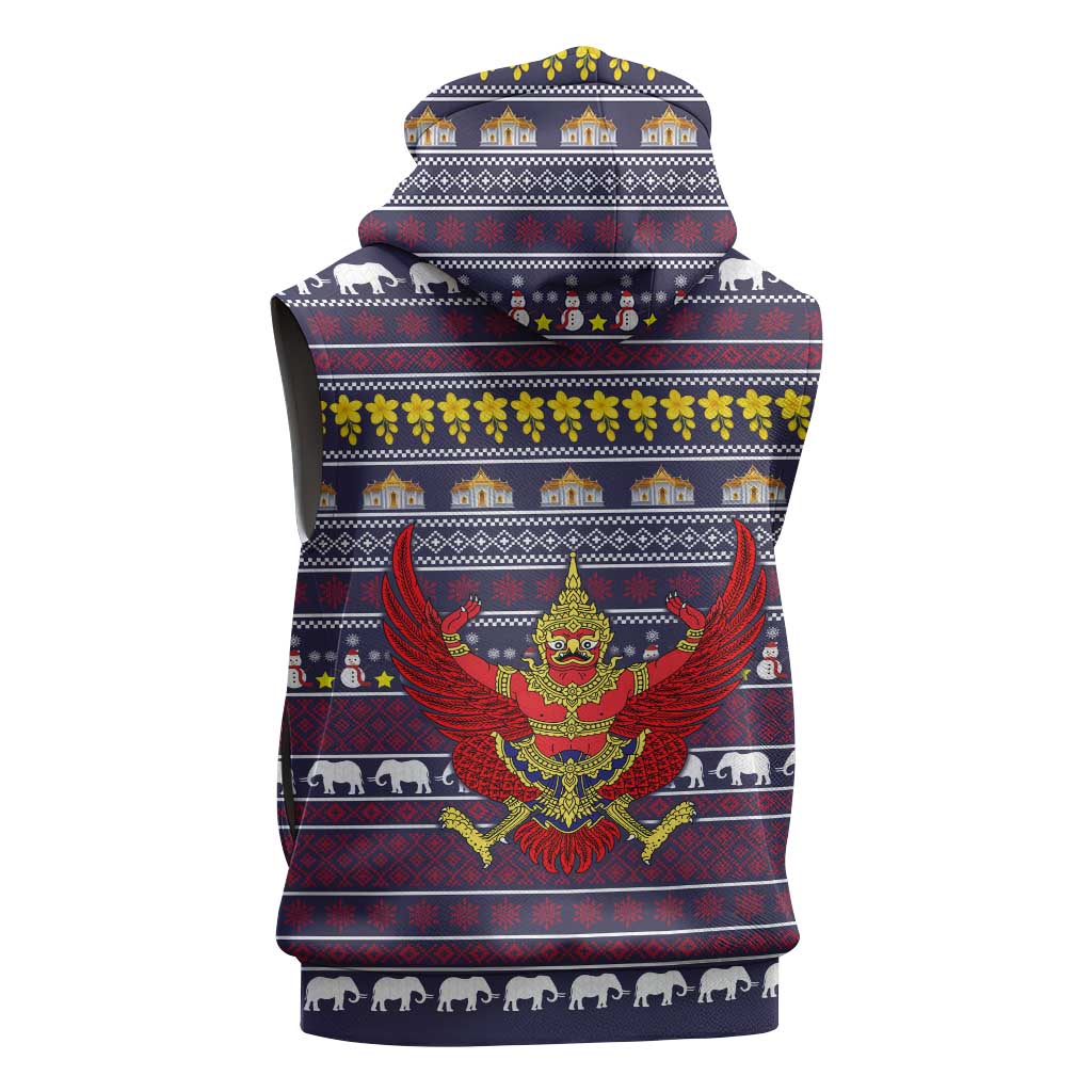 Thailand Christmas Sleeveless Zip Hoodie with Yellow Flower Tree Garuda Emblem and Elephant Holiday - Wonder Print Shop