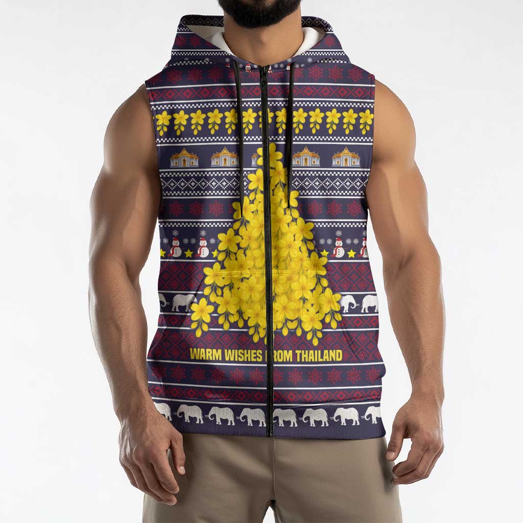 Thailand Christmas Sleeveless Zip Hoodie with Yellow Flower Tree Garuda Emblem and Elephant Holiday - Wonder Print Shop