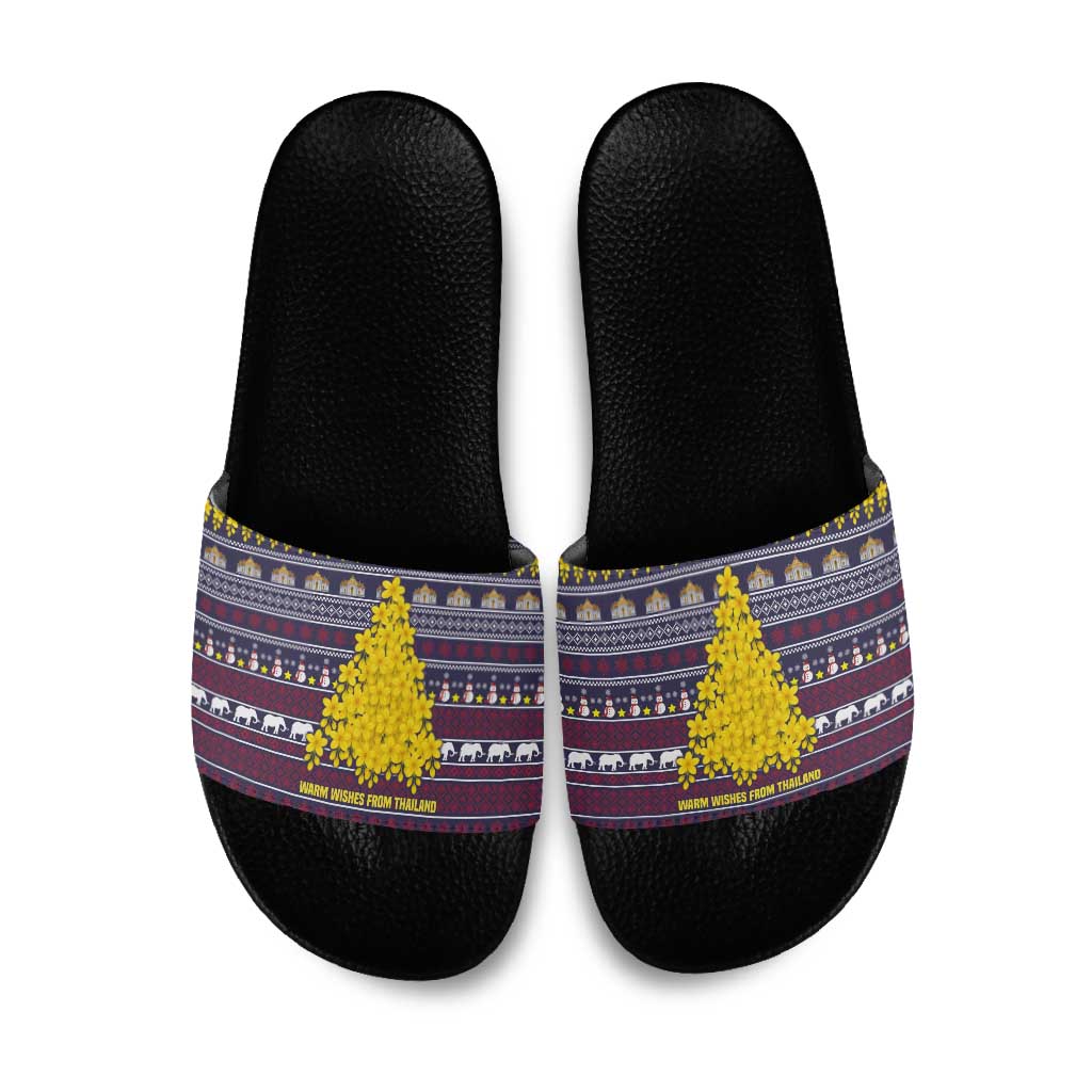 Thailand Christmas Slide Sandals with Yellow Flower Tree Garuda Emblem and Elephant Holiday - Wonder Print Shop