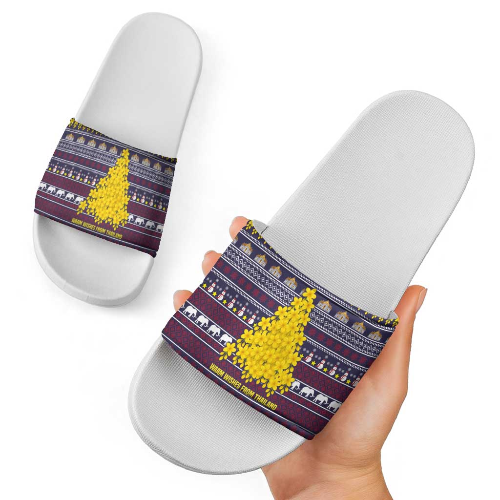Thailand Christmas Slide Sandals with Yellow Flower Tree Garuda Emblem and Elephant Holiday - Wonder Print Shop