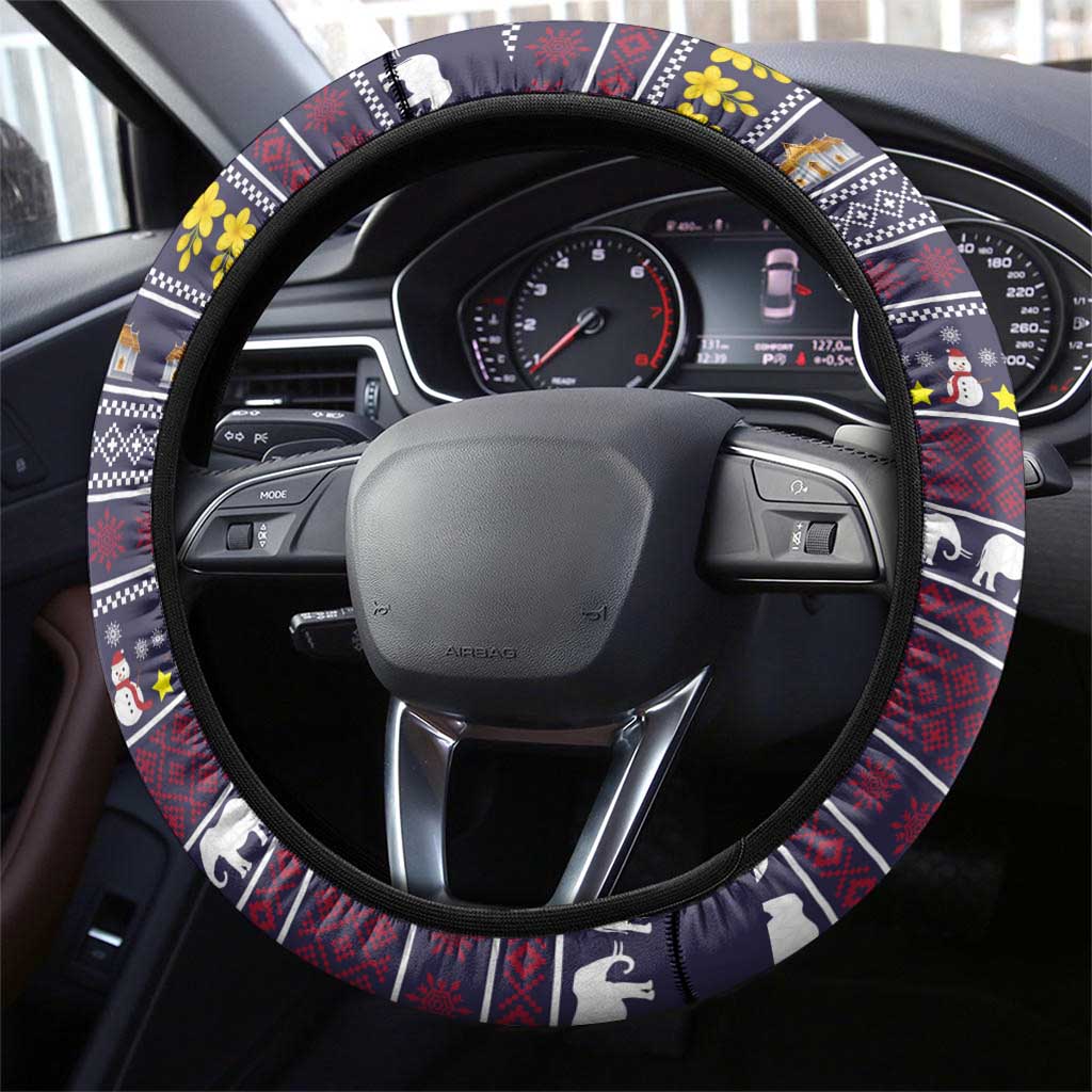 Thailand Christmas Steering Wheel Cover with Yellow Flower Tree Garuda Emblem and Elephant Holiday - Wonder Print Shop