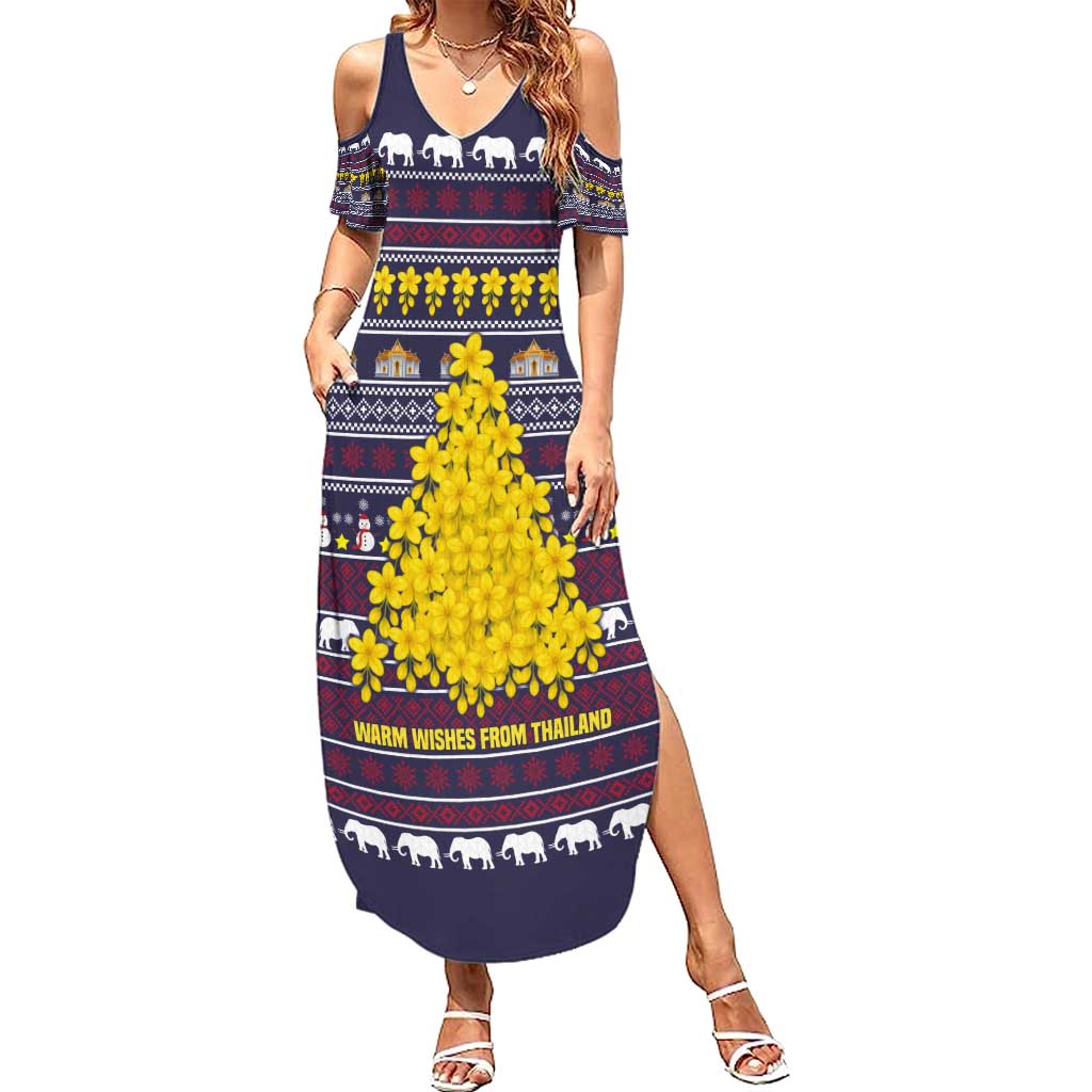 Thailand Christmas Summer Maxi Dress with Yellow Flower Tree Garuda Emblem and Elephant Holiday - Wonder Print Shop