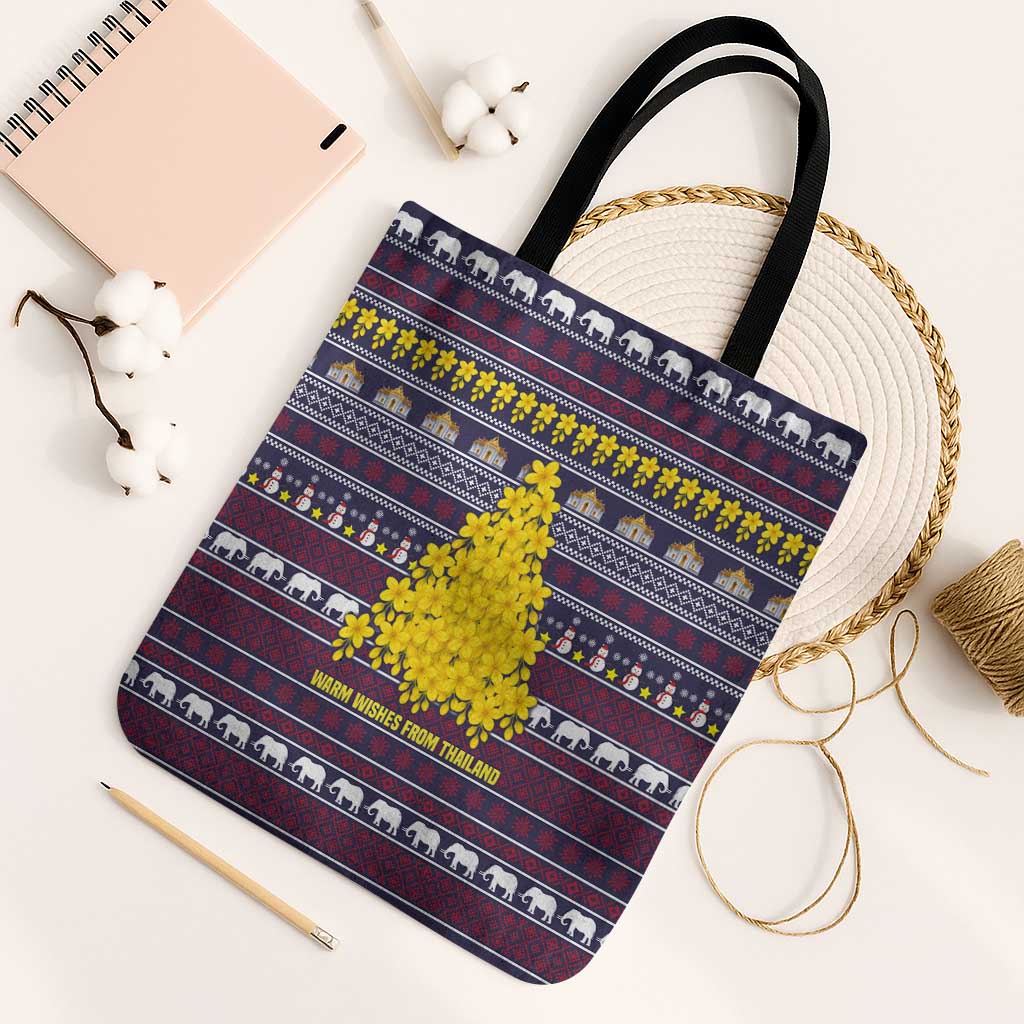 Thailand Christmas Tote Bag with Yellow Flower Tree Garuda Emblem and Elephant Holiday - Wonder Print Shop
