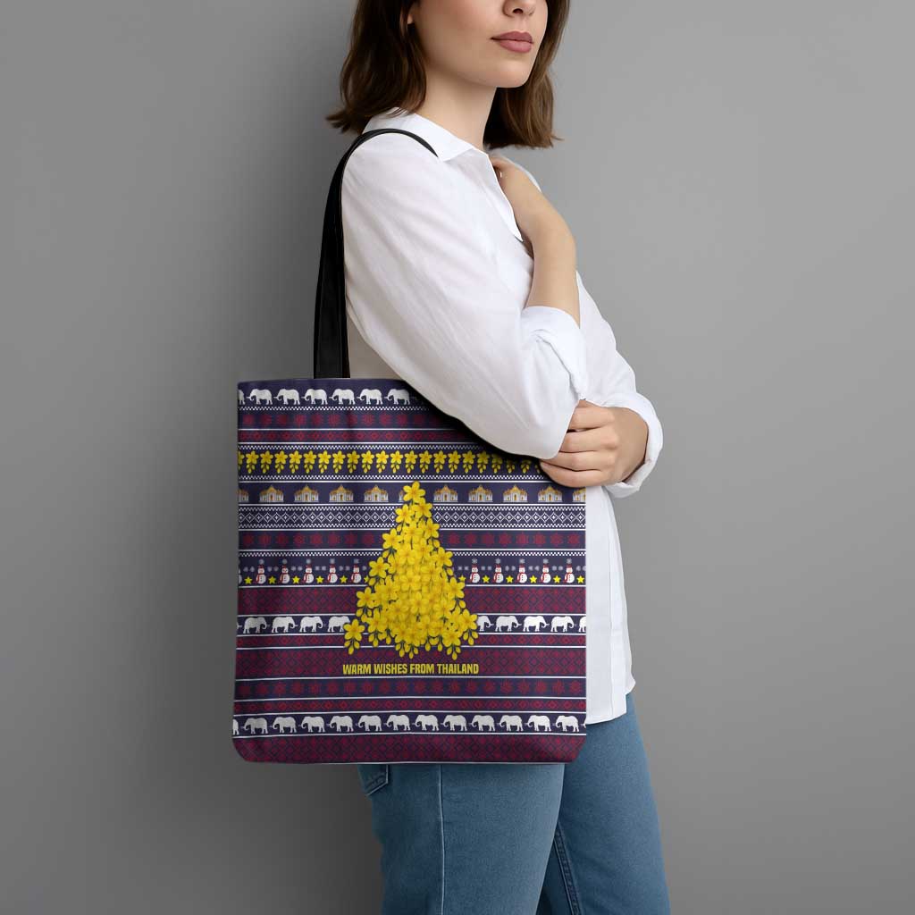 Thailand Christmas Tote Bag with Yellow Flower Tree Garuda Emblem and Elephant Holiday - Wonder Print Shop