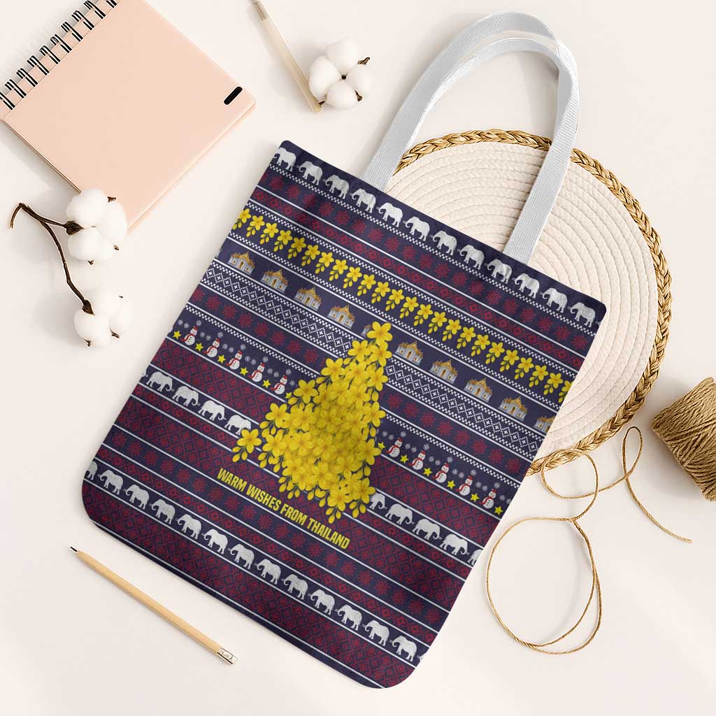 Thailand Christmas Tote Bag with Yellow Flower Tree Garuda Emblem and Elephant Holiday - Wonder Print Shop