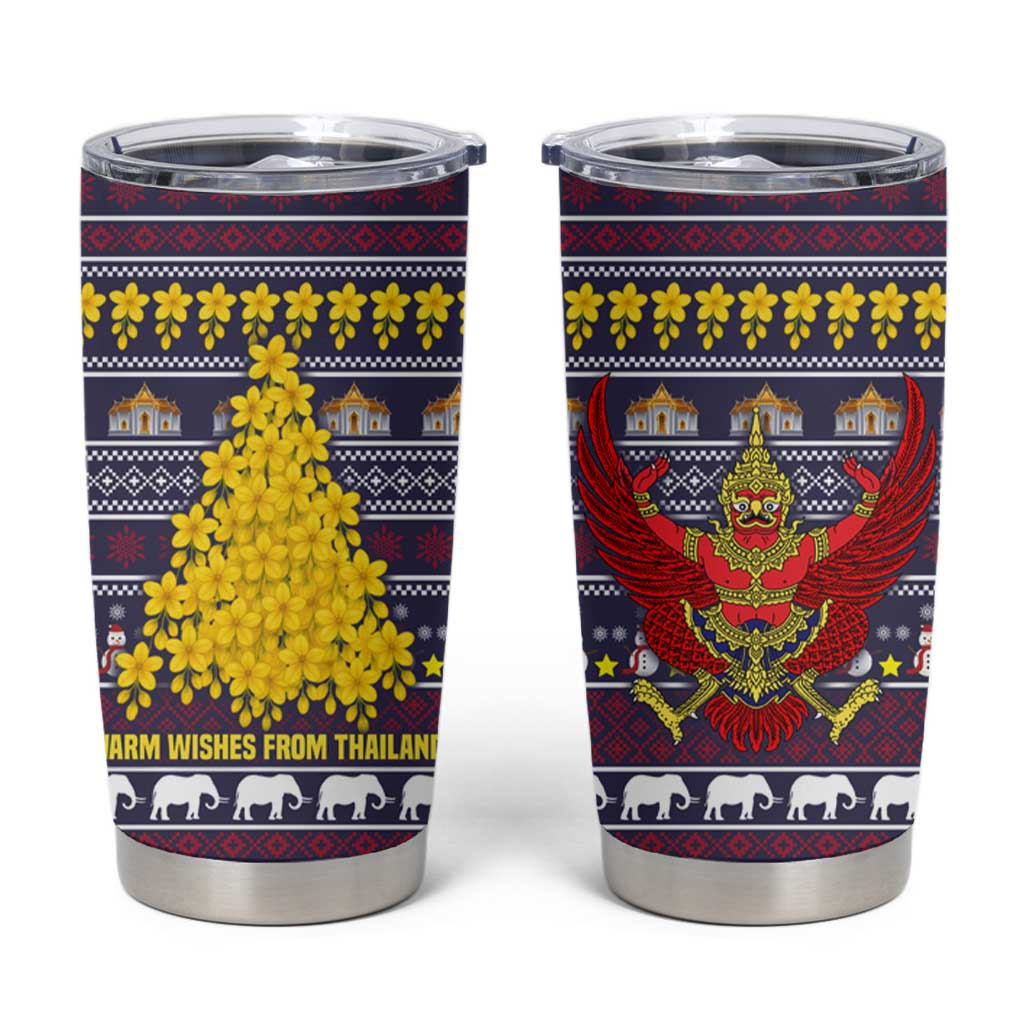 Thailand Christmas Tumbler Cup with Yellow Flower Tree Garuda Emblem and Elephant Holiday - Wonder Print Shop