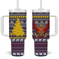 Thailand Christmas Tumbler With Handle with Yellow Flower Tree Garuda Emblem and Elephant Holiday - Wonder Print Shop