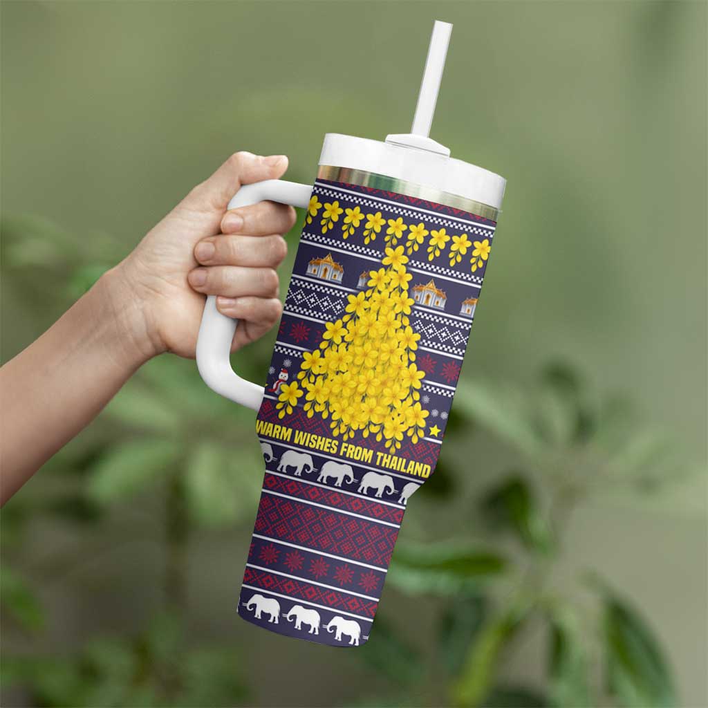 Thailand Christmas Tumbler With Handle with Yellow Flower Tree Garuda Emblem and Elephant Holiday - Wonder Print Shop