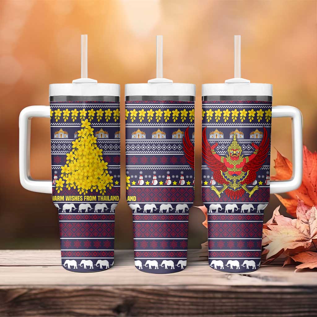 Thailand Christmas Tumbler With Handle with Yellow Flower Tree Garuda Emblem and Elephant Holiday - Wonder Print Shop