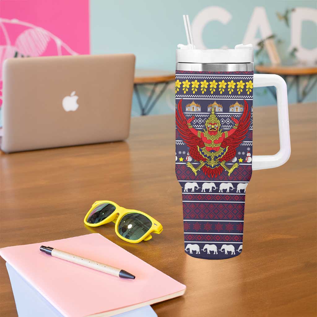 Thailand Christmas Tumbler With Handle with Yellow Flower Tree Garuda Emblem and Elephant Holiday - Wonder Print Shop
