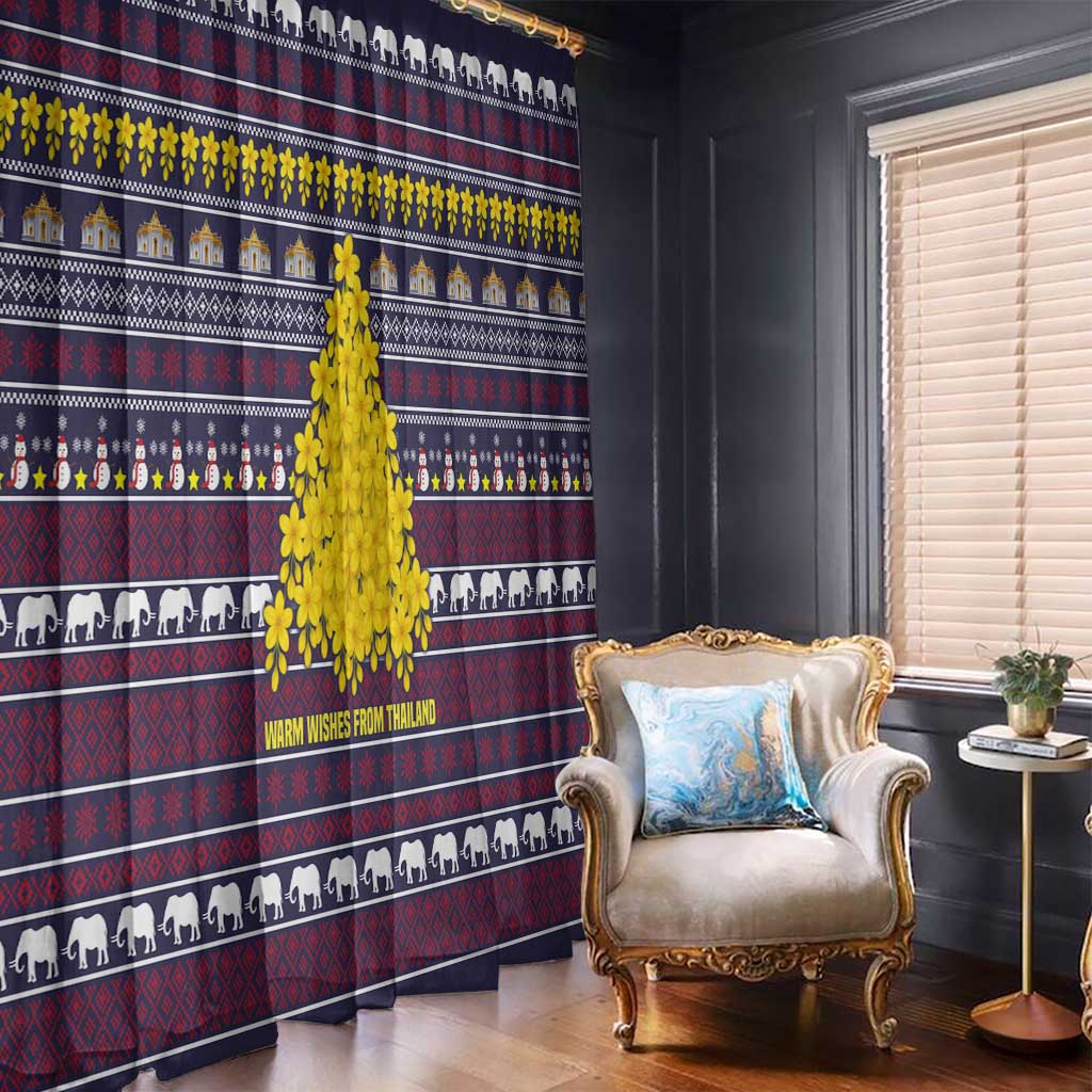 Thailand Christmas Window Curtain with Yellow Flower Tree Garuda Emblem and Elephant Holiday - Wonder Print Shop